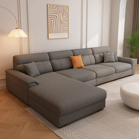 Dark Gray Cotton Linen Pillow Back 4 Seats Sofa Chaise Image - 2