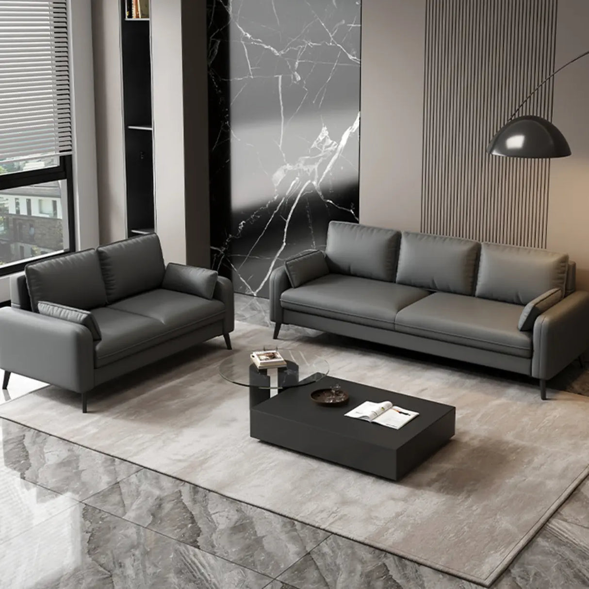 Dark Gray Stain Resistant Leather Square Arm Loveseat Image - 2