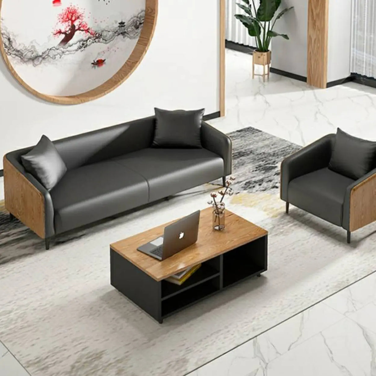 Dark Gray Waterproof Leather Sofa Set for Reception Image - 4