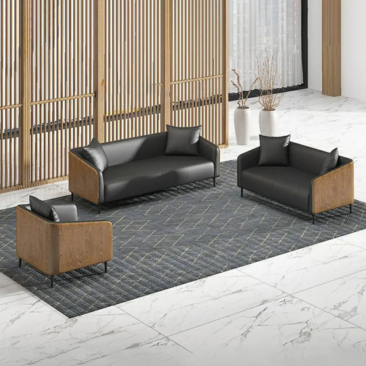 Dark Gray Waterproof Leather Sofa Set for Reception Image - 7