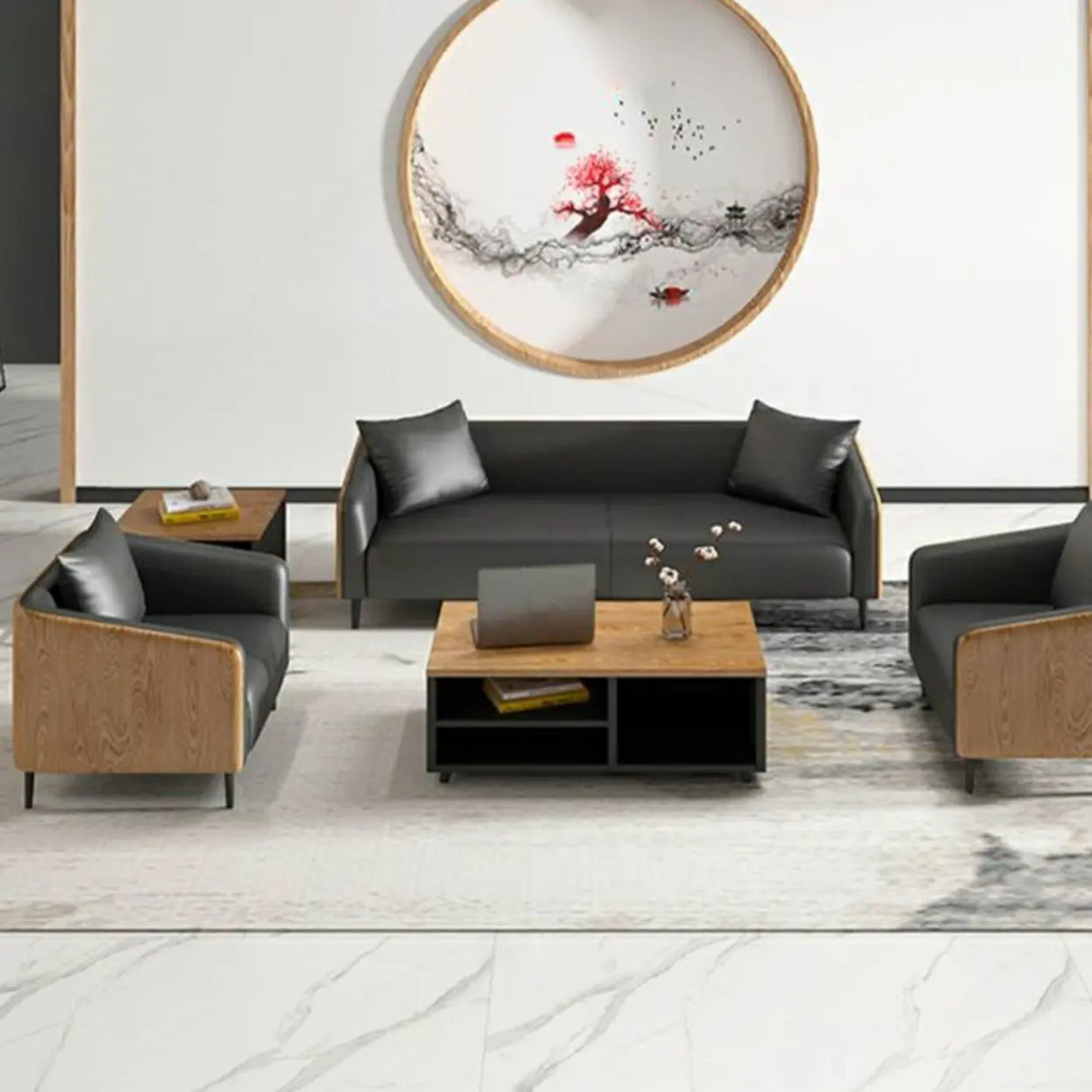 Dark Gray Waterproof Leather Sofa Set for Reception Image - 8