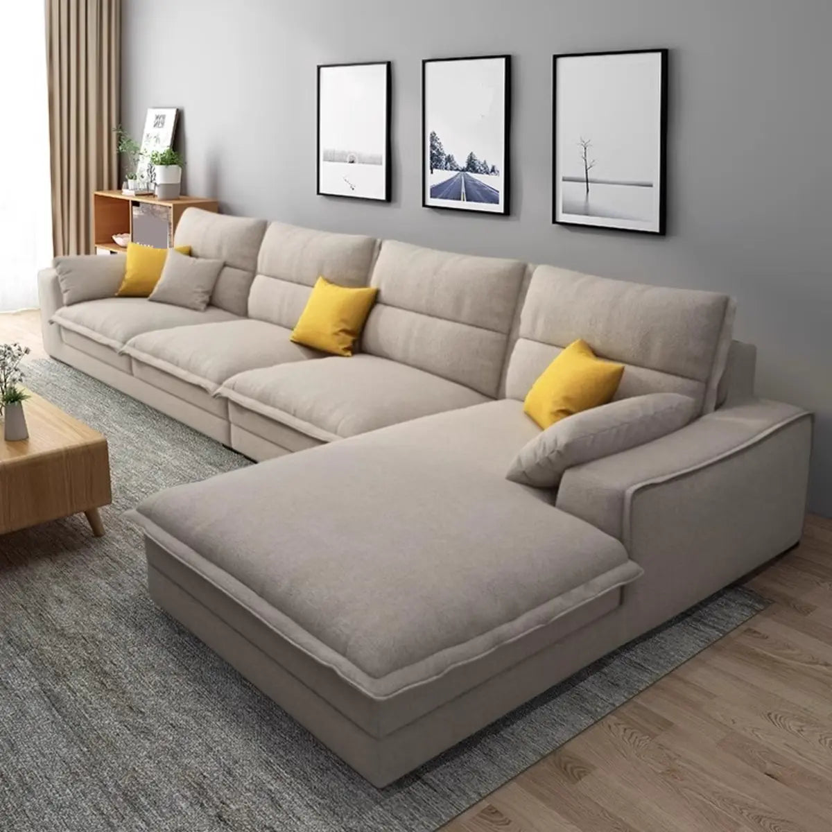 Dark Grey Cotton Linen Recessed Arm Right Sofa Chaise Image - 3