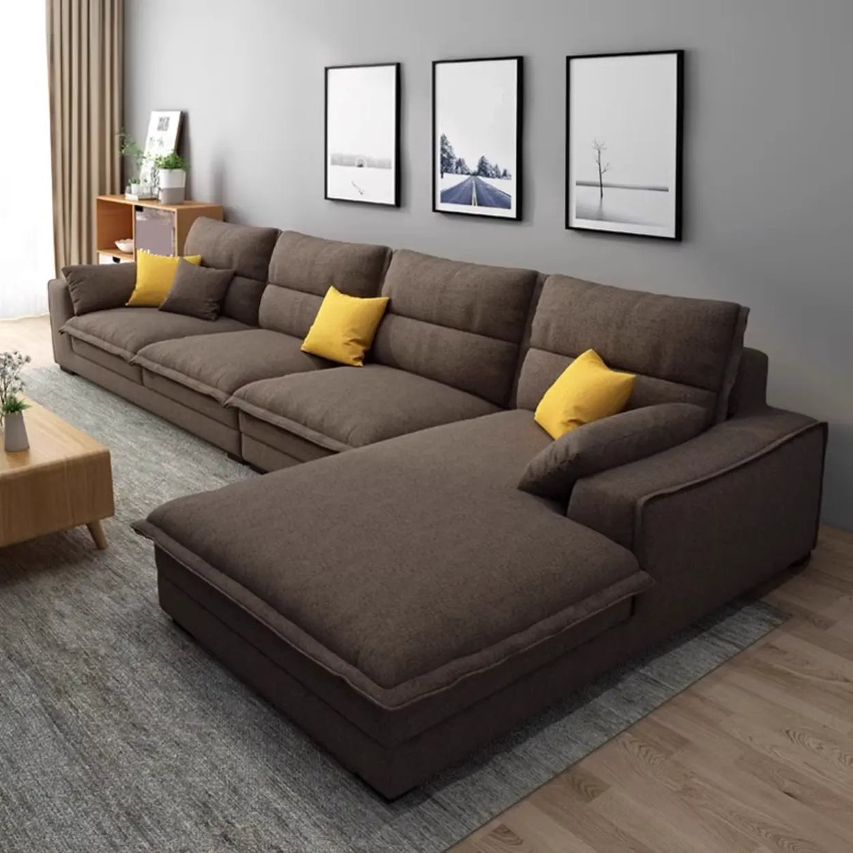 Dark Grey Cotton Linen Recessed Arm Right Sofa Chaise Image - 5