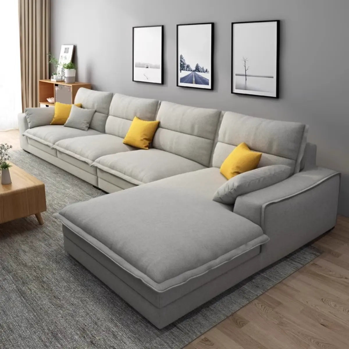 Dark Grey Cotton Linen Recessed Arm Right Sofa Chaise Image - 6