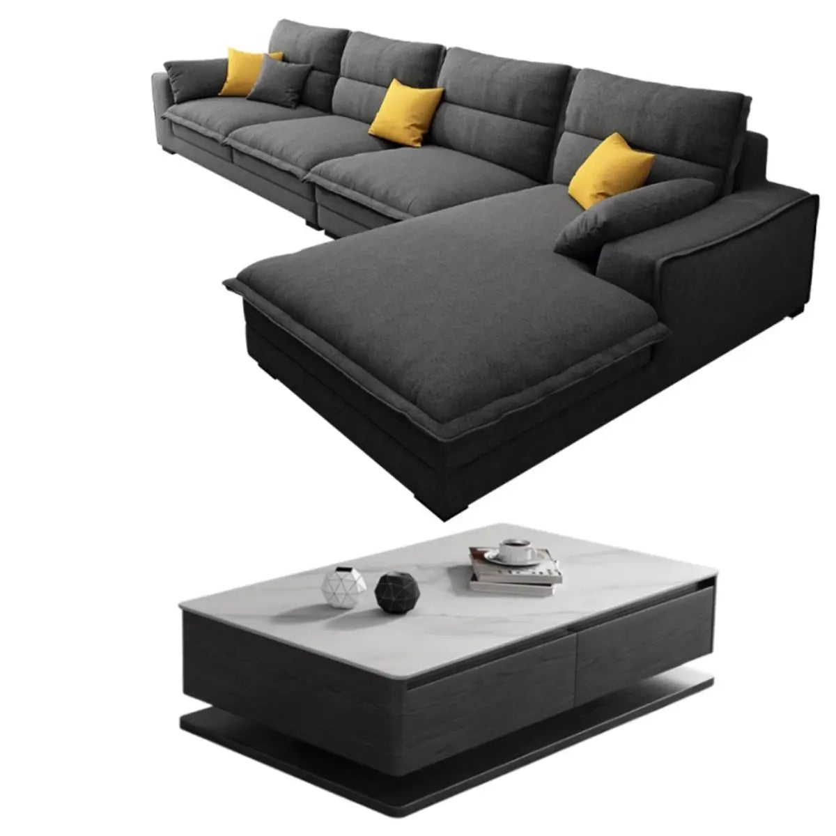Dark Grey Cotton Linen Recessed Arm Right Sofa Chaise Image - 7