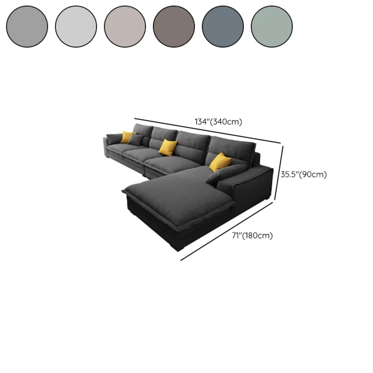 Dark Grey Cotton Linen Recessed Arm Right Sofa Chaise 