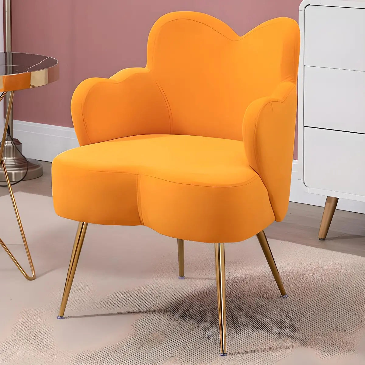 Dark Orange Recessed Arm Heart-Shape Gold Leg Arm Chair Image - 11