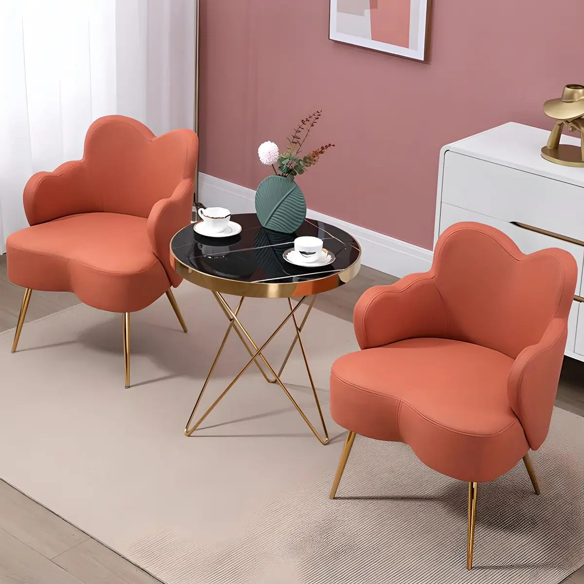 Dark Orange Recessed Arm Heart-Shape Gold Leg Arm Chair Image - 4