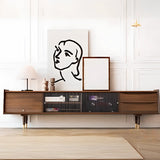 Dark Walnut Wood Drawers Shelves Cabinets TV Stand Image - 1