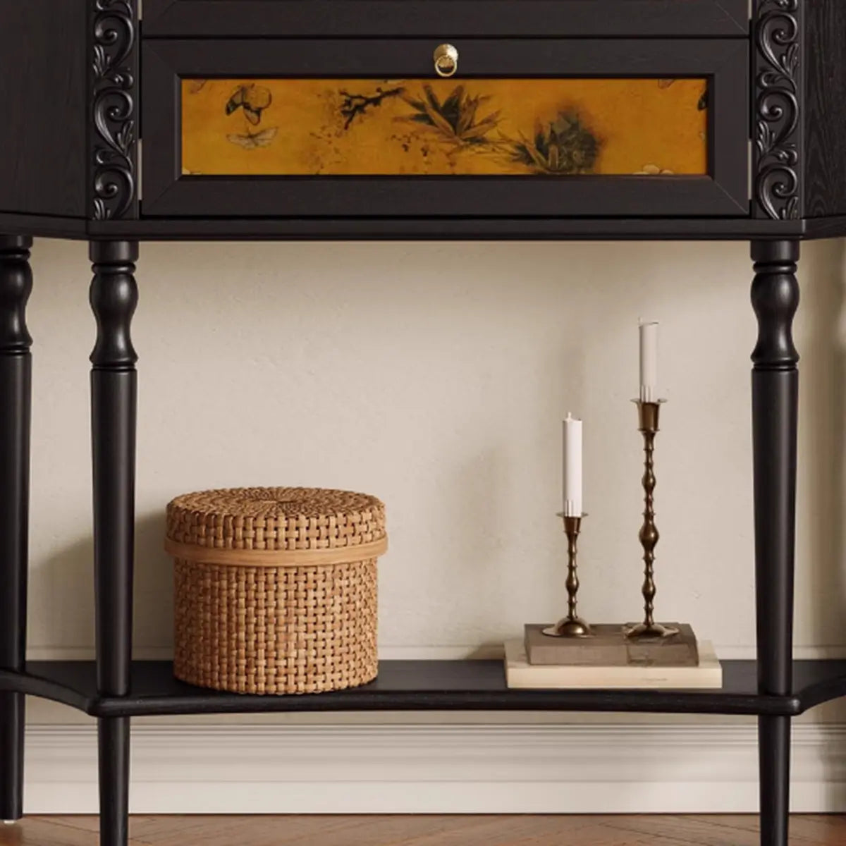 Decorative Black Wood Console Table with Ornate Drawers Image - 8