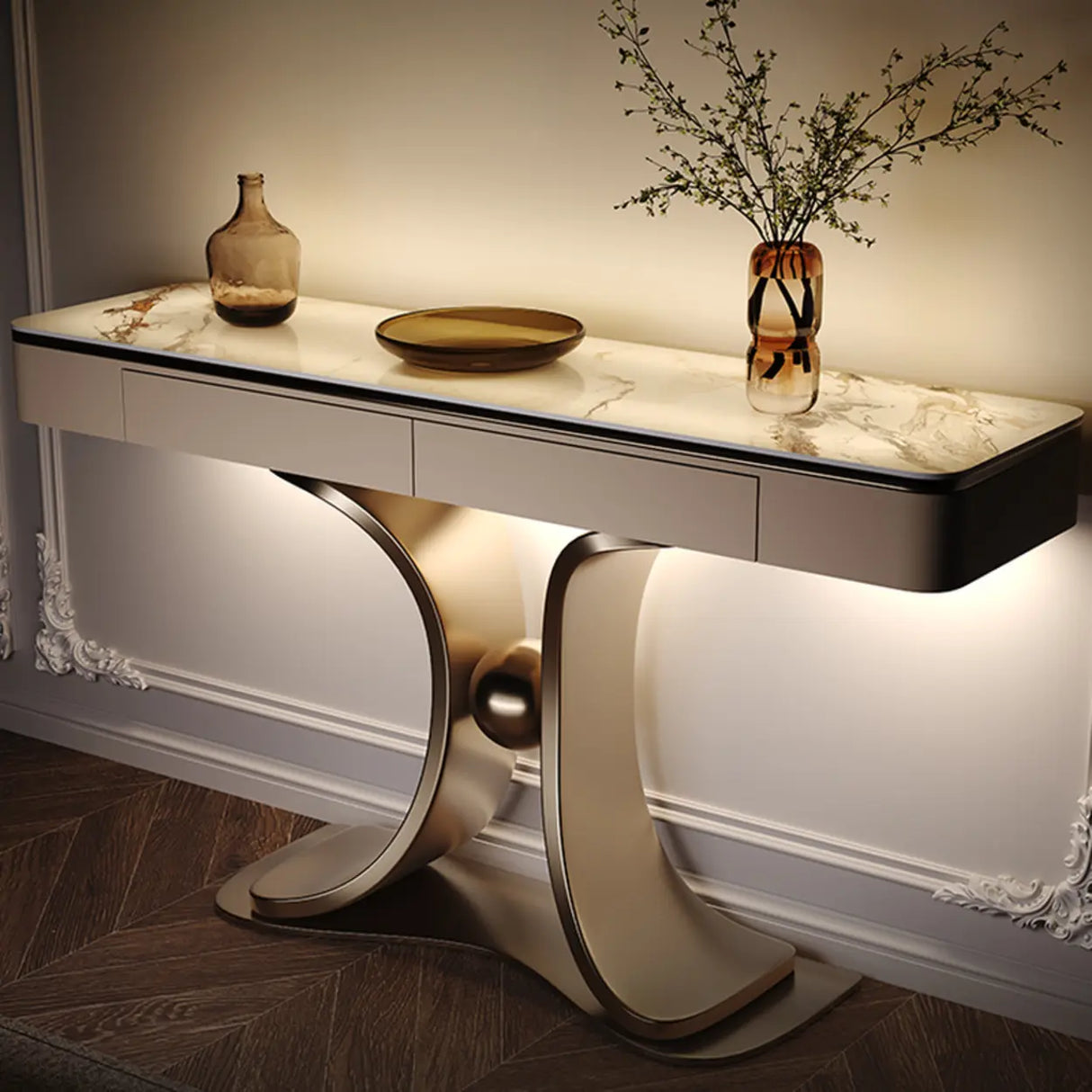 Decorative Curved Marble Top Gold Storage Console Table Image - 1