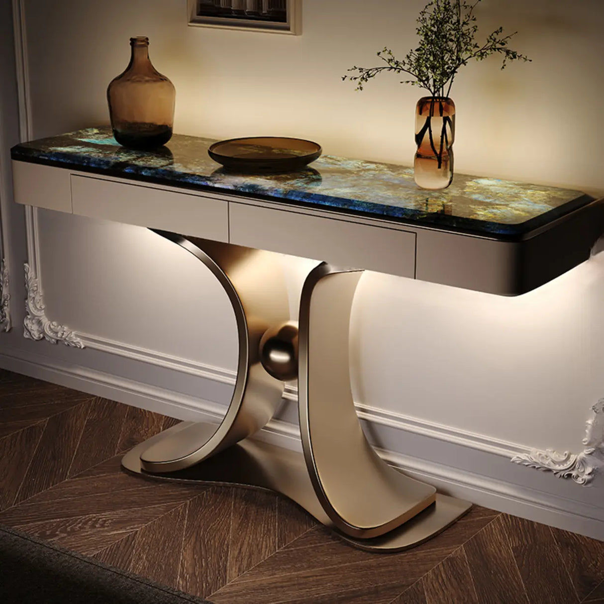 Decorative Curved Marble Top Gold Storage Console Table Image - 2