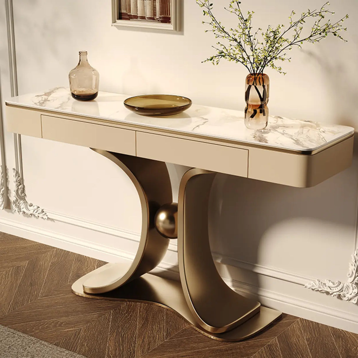 Decorative Curved Marble Top Gold Storage Console Table Image - 3