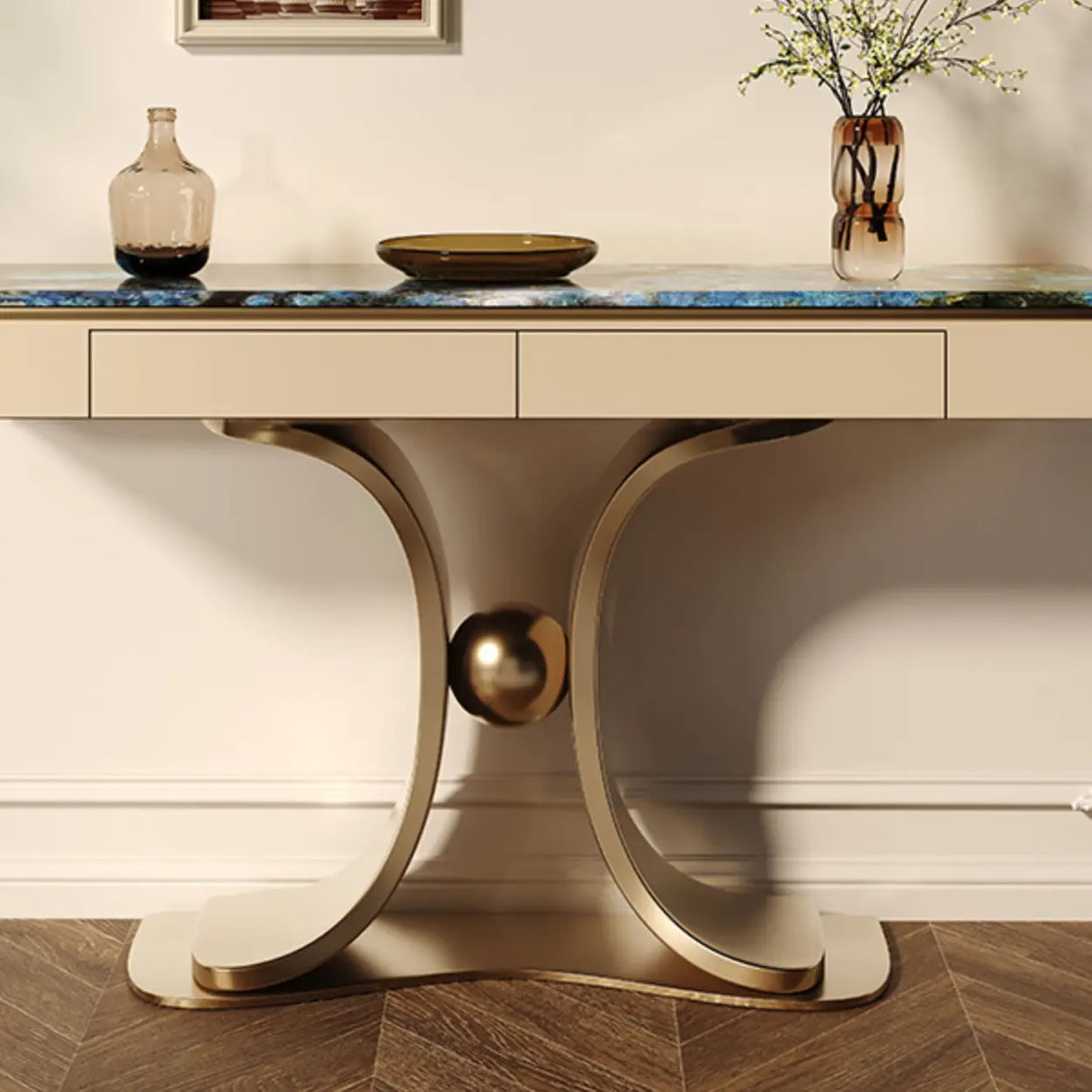Decorative Curved Marble Top Gold Storage Console Table Image - 5