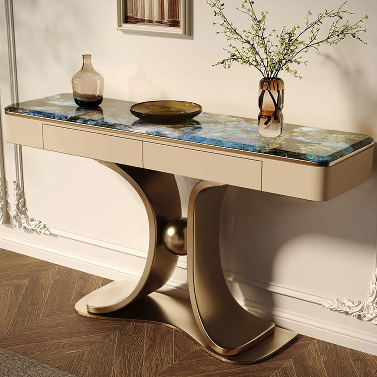 Decorative Curved Marble Top Gold Storage Console Table Image - 7
