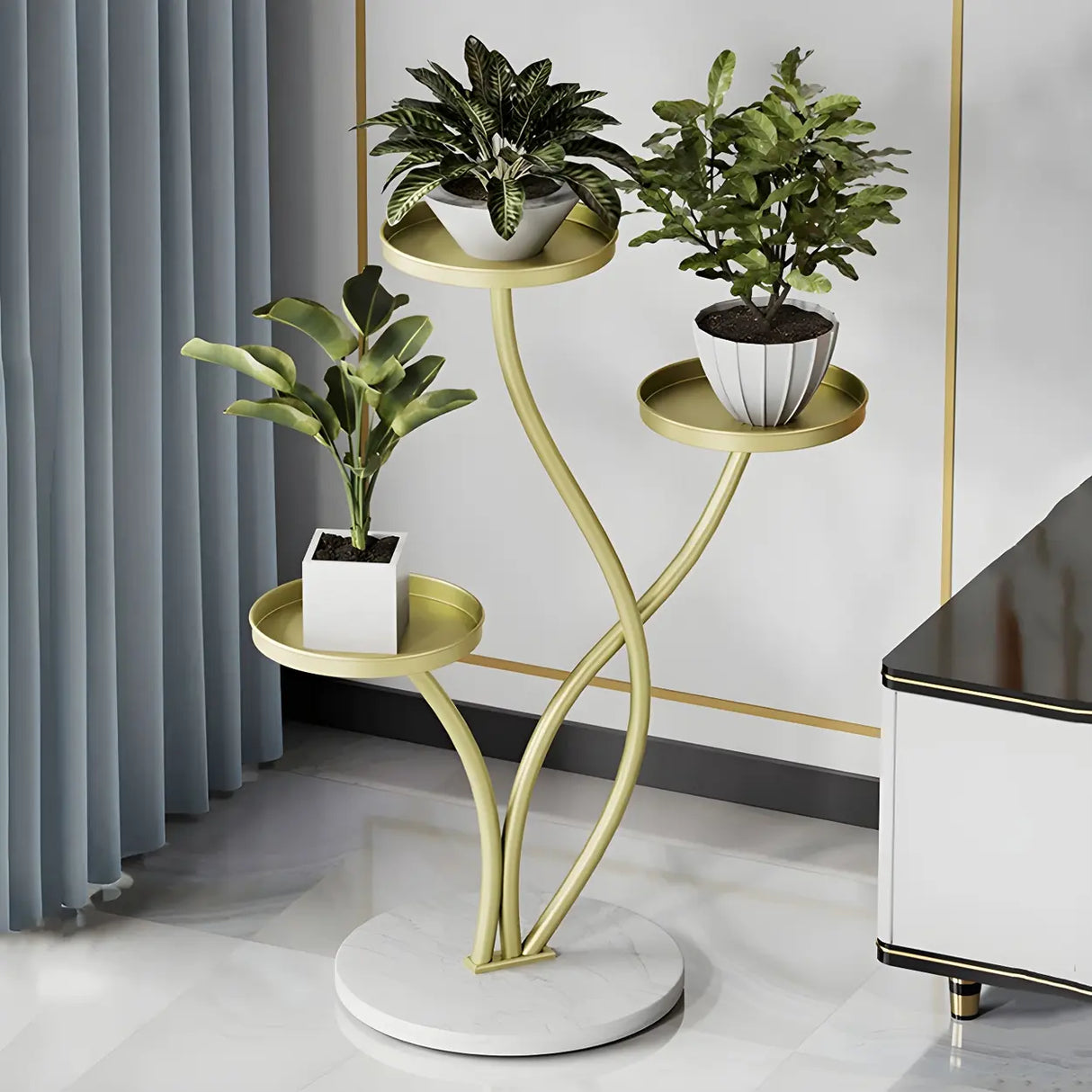 Decorative Curved Metal Gold 3 Tiers Stone Plant Stand Image - 1