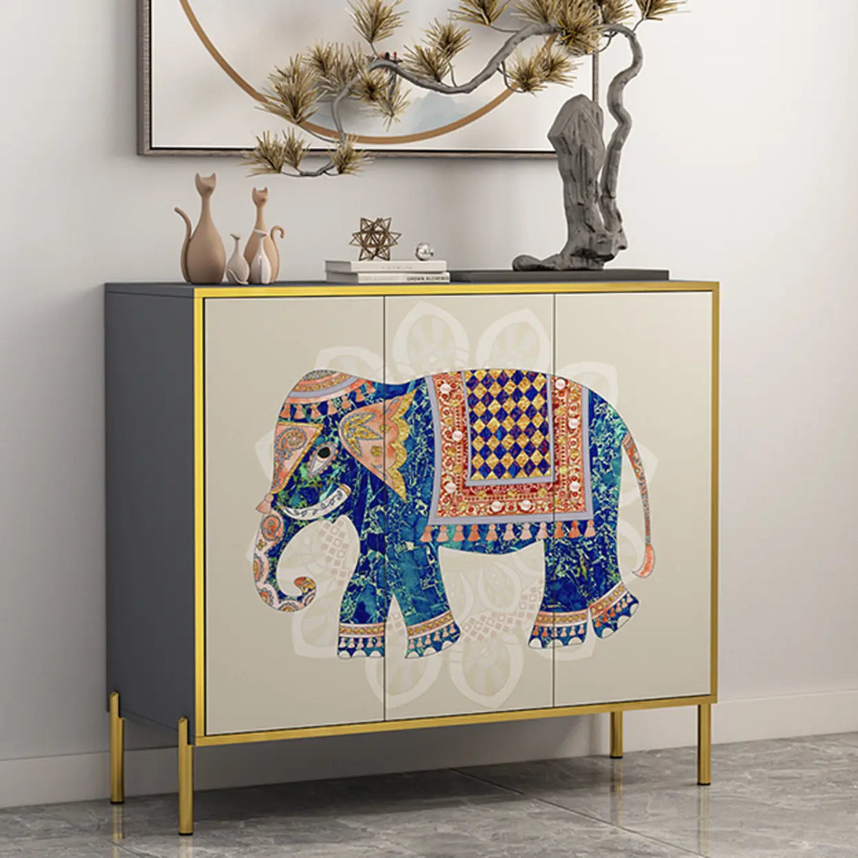 Decorative Elephant Wood Console Table with Cabinet Image - 3