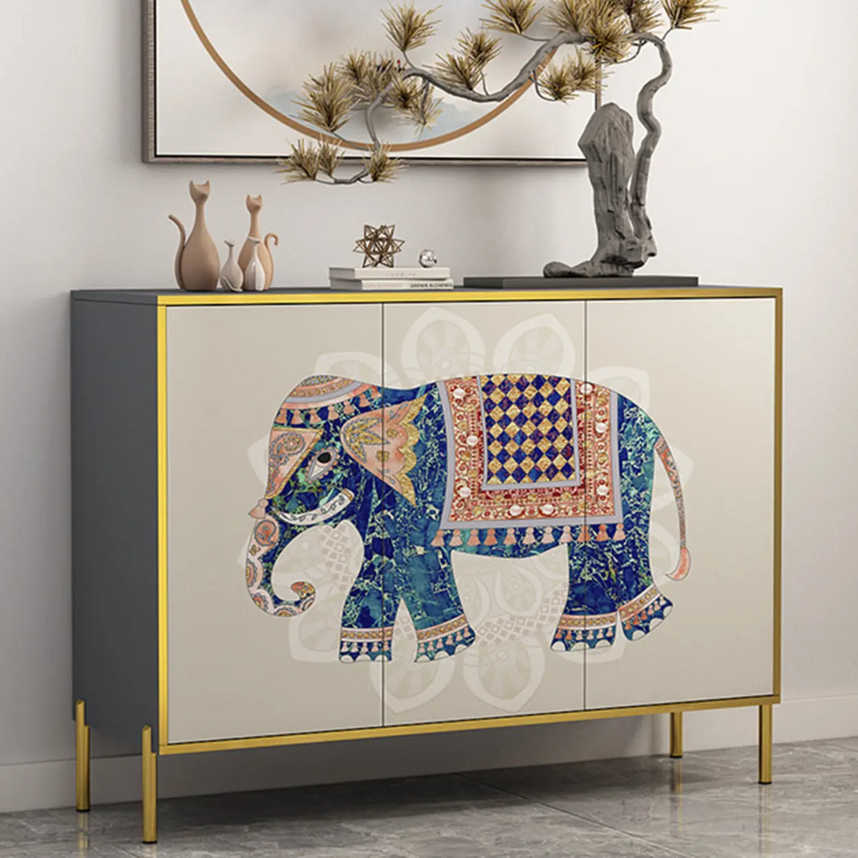 Decorative Elephant Wood Console Table with Cabinet Image - 5