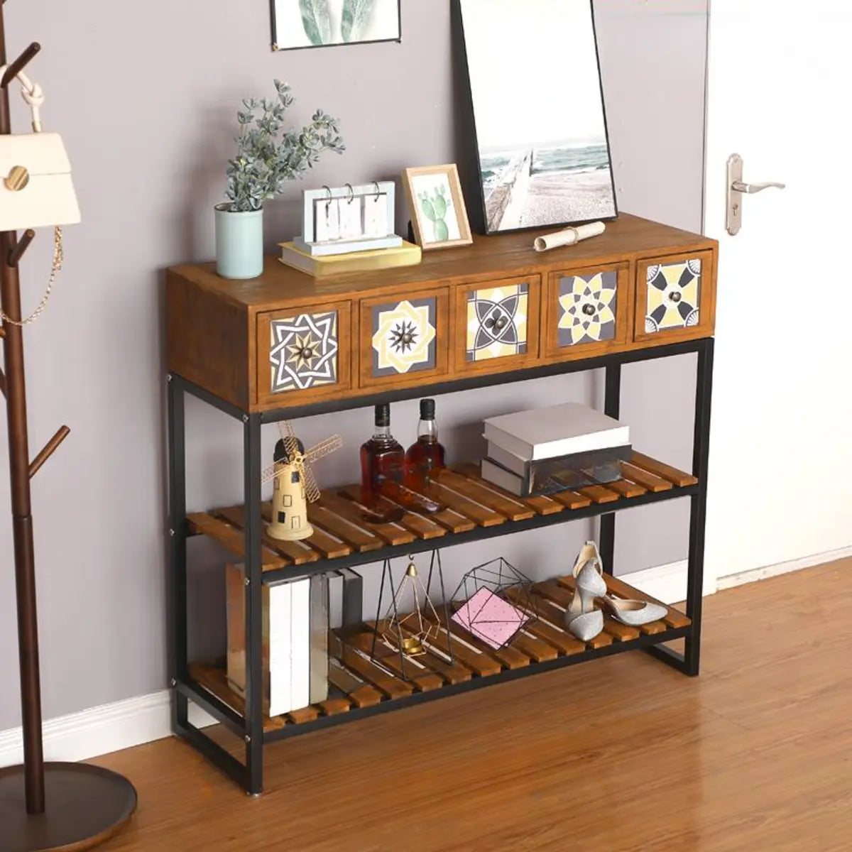 Decorative Geometric Wooden Brown Storage Console Table Image - 11