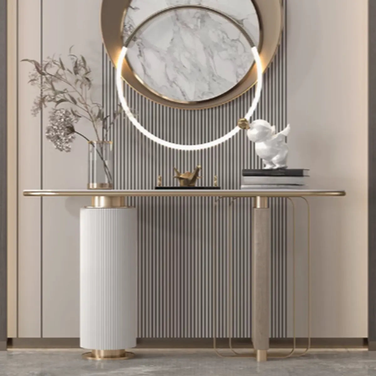 Decorative Gold Oval Stone Top Double Pedestal Console Table Image - 1