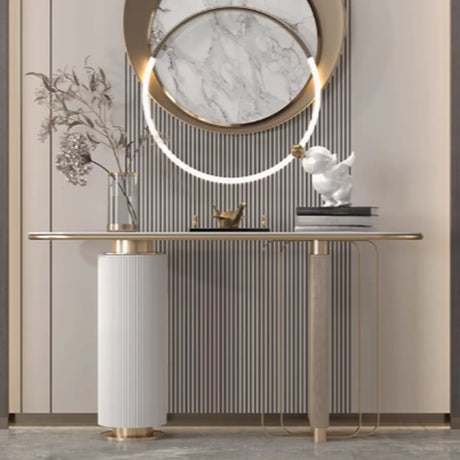 Decorative Gold Oval Stone Top Double Pedestal Console Table Image - 1