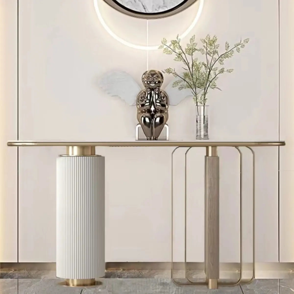 Decorative Gold Oval Stone Top Double Pedestal Console Table Image - 2