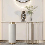 Decorative Gold Oval Stone Top Double Pedestal Console Table Image - 2