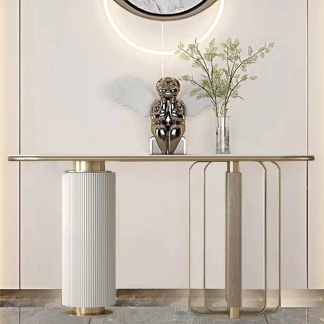Decorative Gold Oval Stone Top Double Pedestal Console Table Image - 2