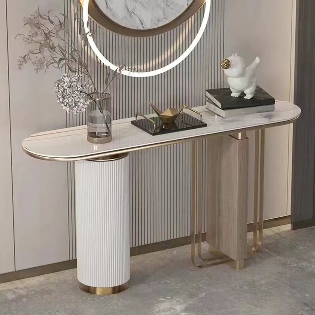 Decorative Gold Oval Stone Top Double Pedestal Console Table Image - 3