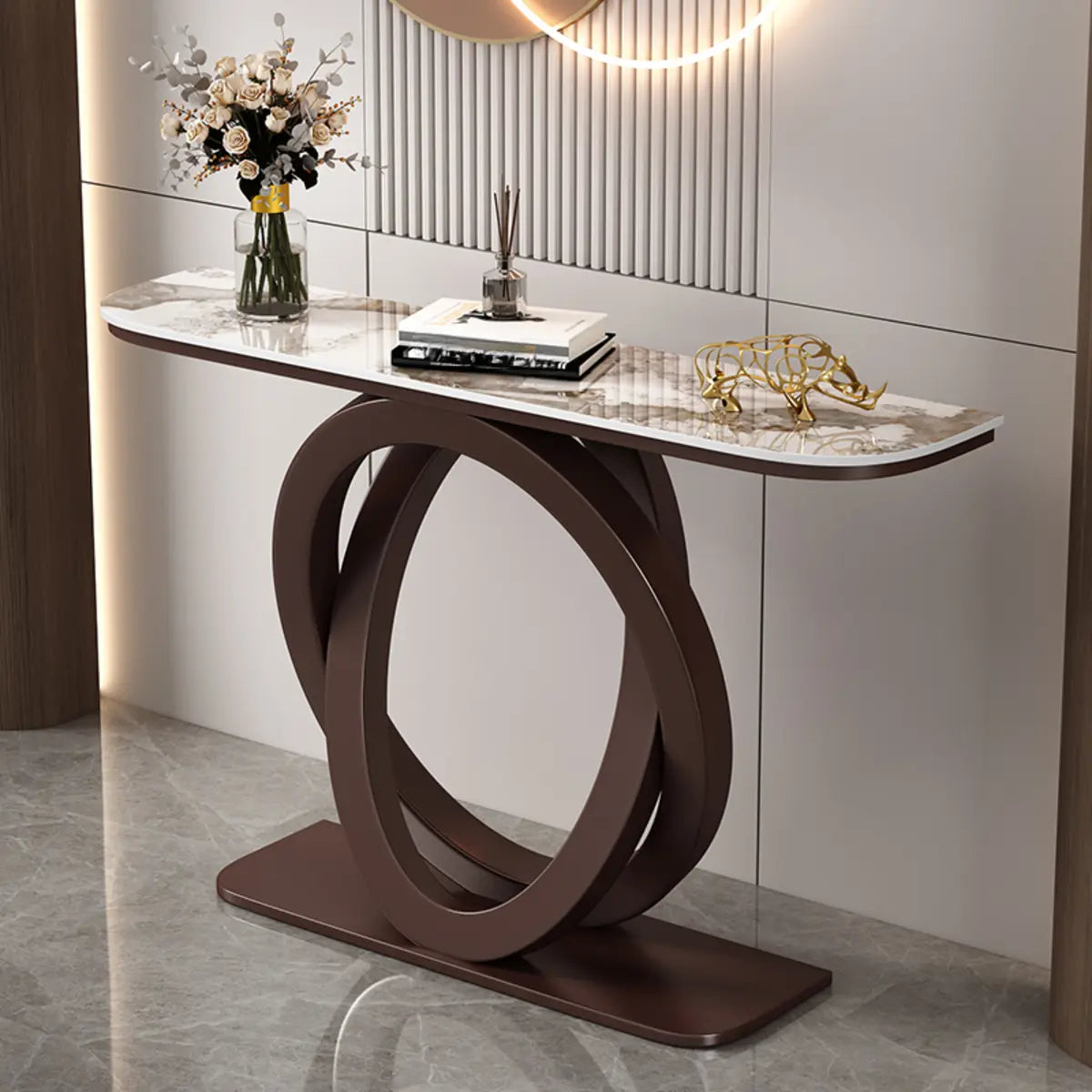 Decorative Half-circle Marble Gold Loop Console Table Image - 5