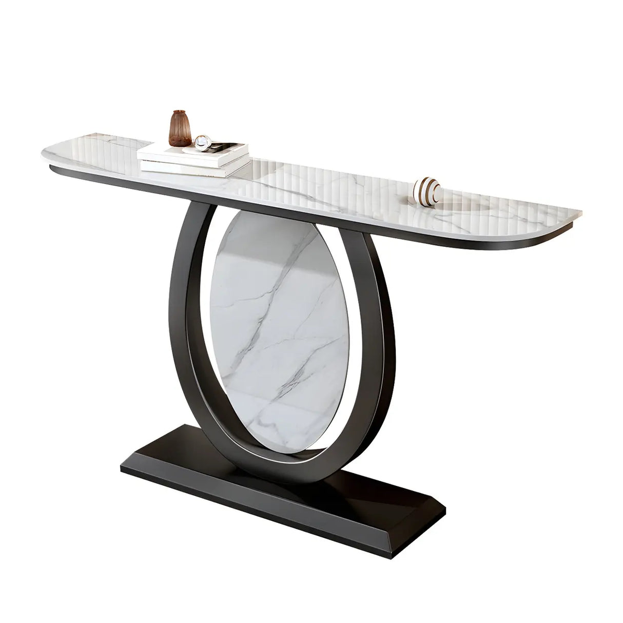 Decorative Half-circle Marble Top Black Base Console Table Image - 10
