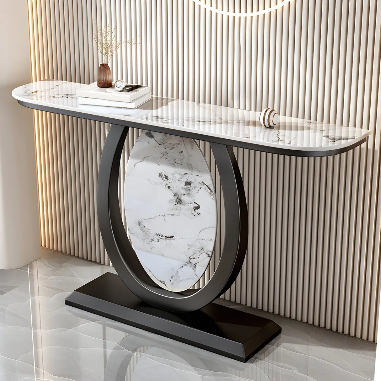 Decorative Half-circle Marble Top Black Base Console Table Image - 12
