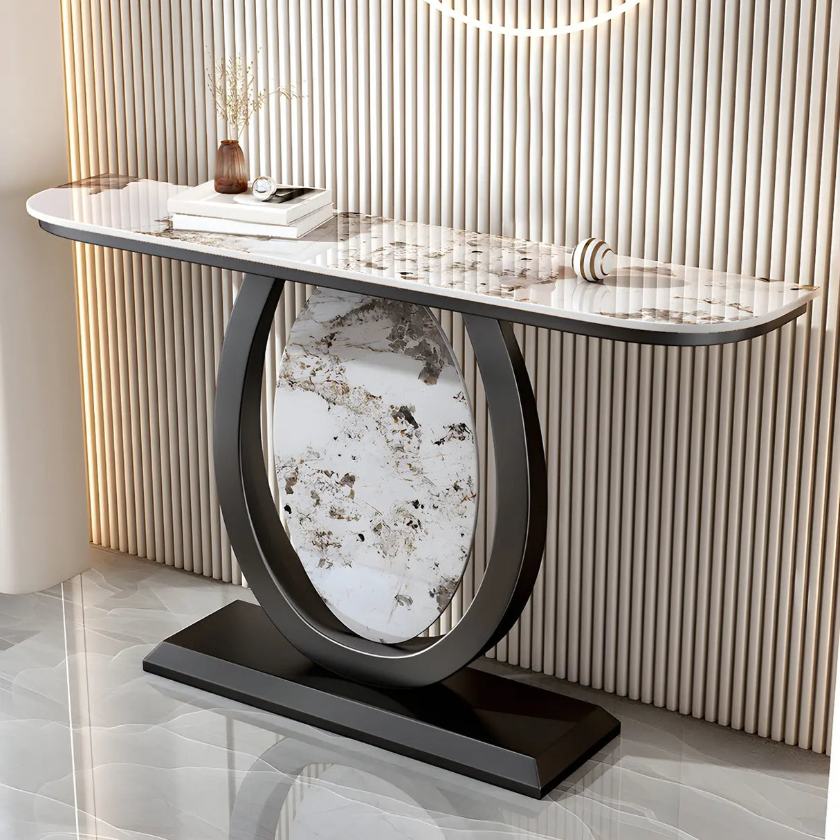 Decorative Half-circle Marble Top Black Base Console Table Image - 15