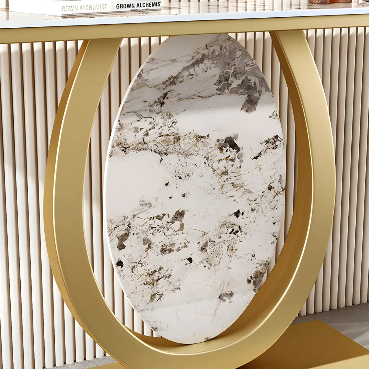 Decorative Half-circle Marble Top Black Base Console Table Image - 16