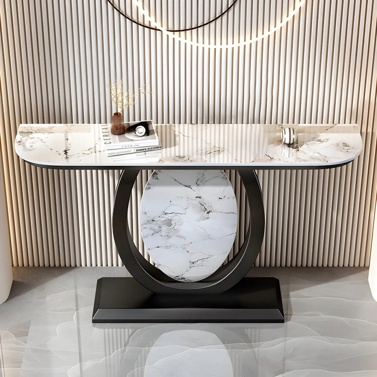 Decorative Half-circle Marble Top Black Base Console Table Image - 18