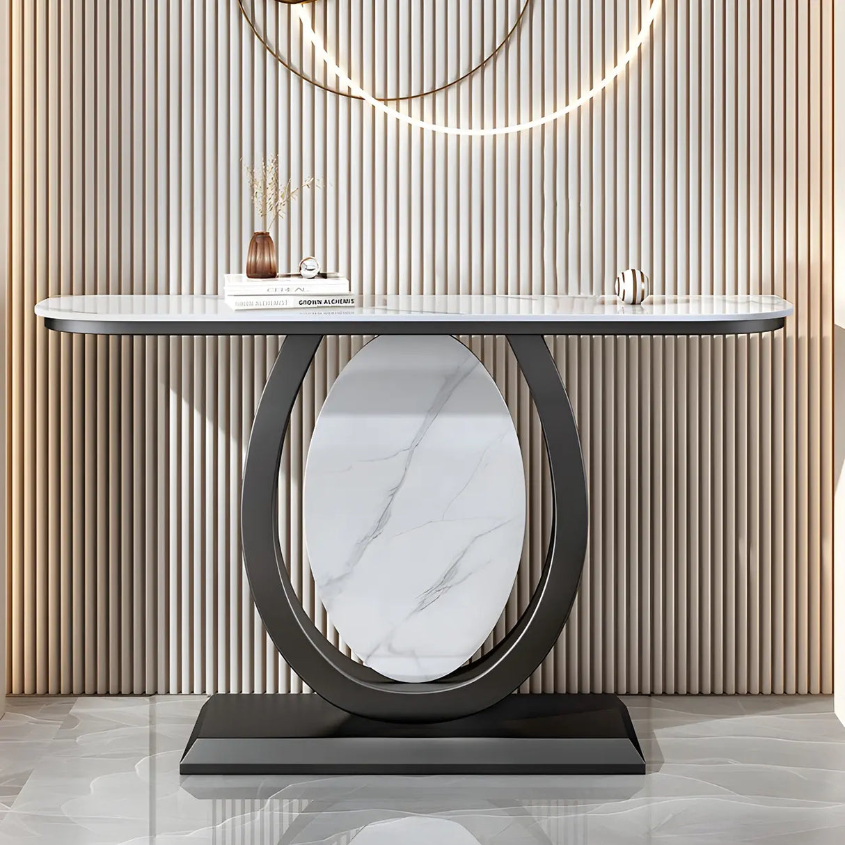Decorative Half-circle Marble Top Black Base Console Table Image - 20
