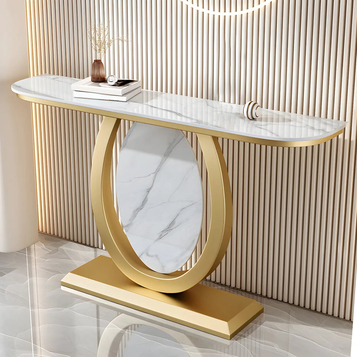Decorative Half-circle Marble Top Black Base Console Table Image - 21