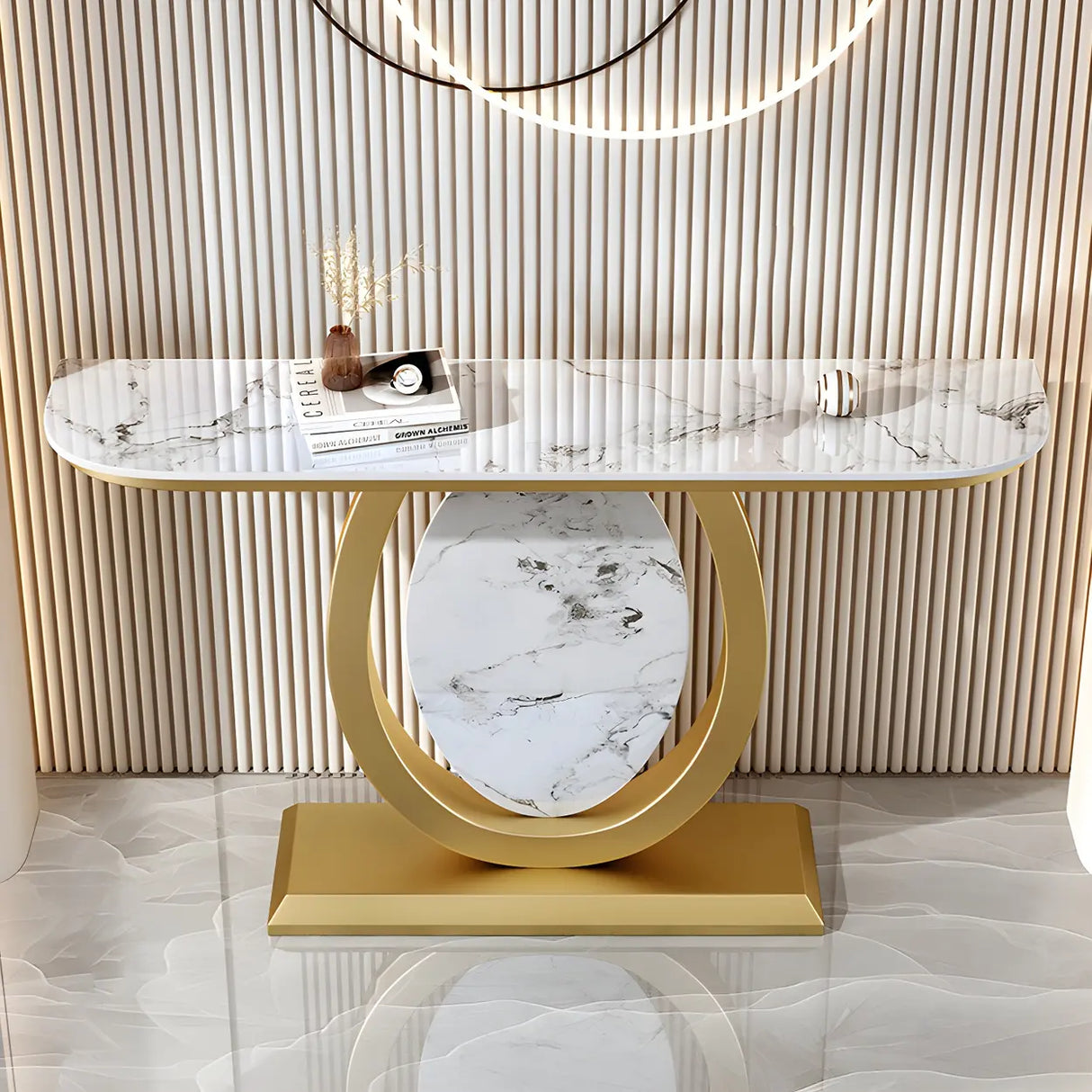 Decorative Half-circle Marble Top Black Base Console Table Image - 23