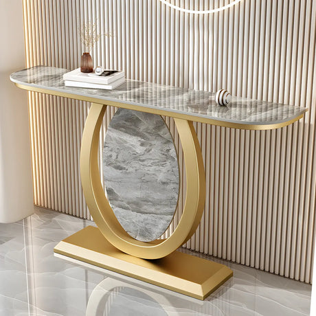 Decorative Half-circle Marble Top Black Base Console Table Image - 2