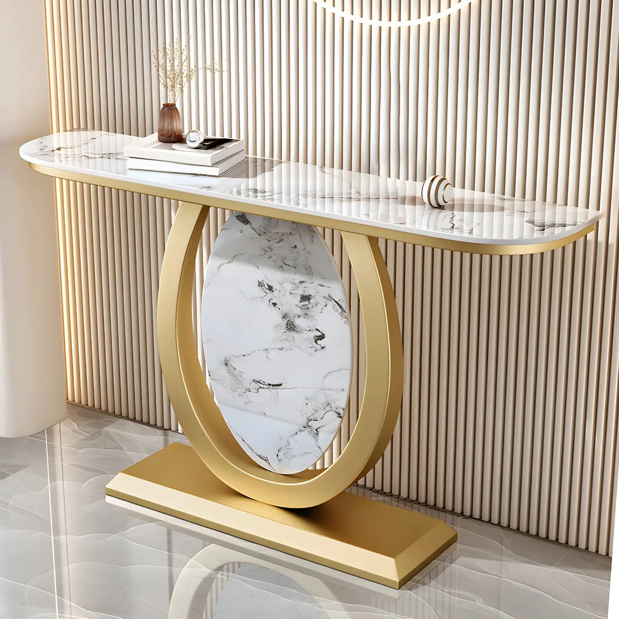 Decorative Half-circle Marble Top Black Base Console Table Image - 3