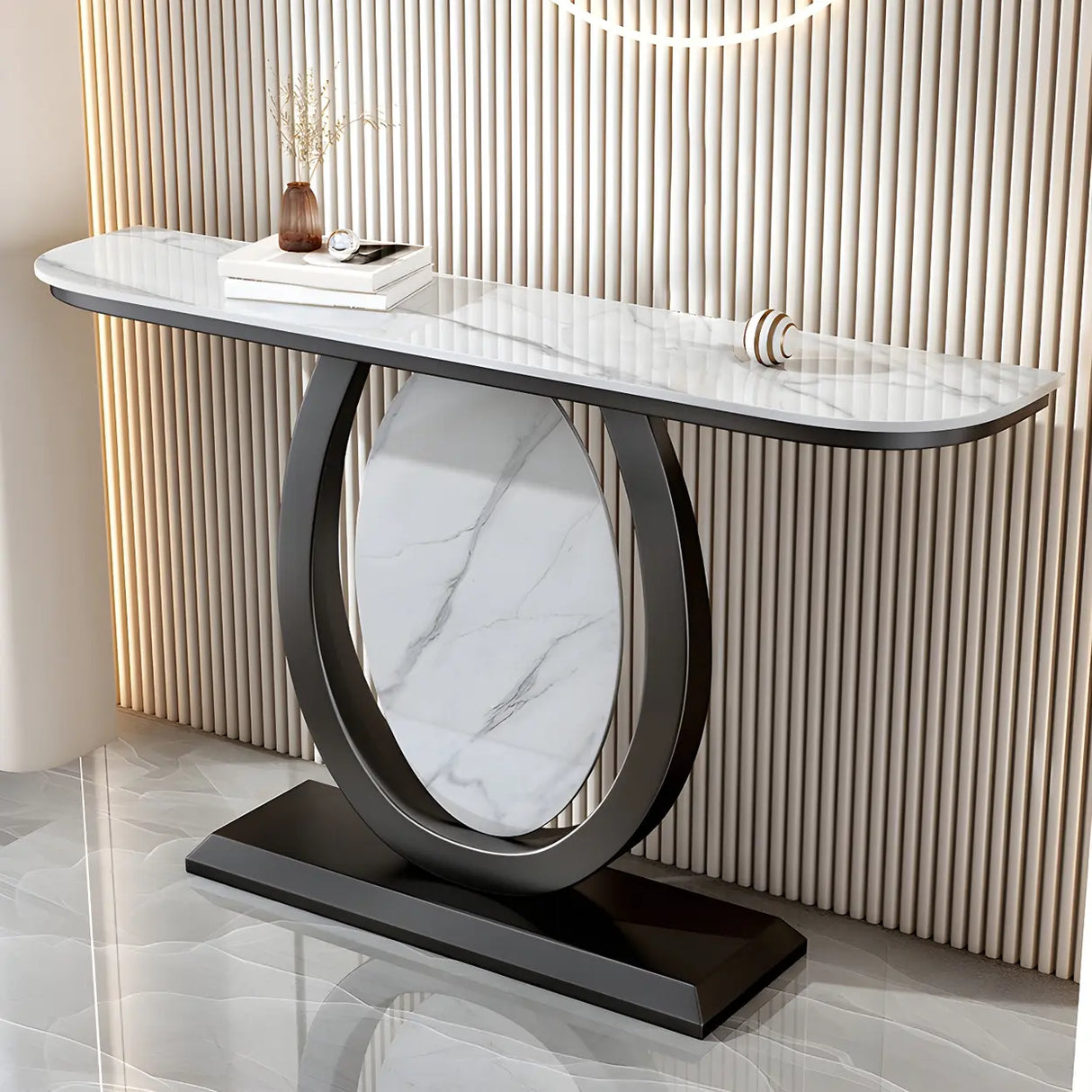 Decorative Half-circle Marble Top Black Base Console Table Image - 4