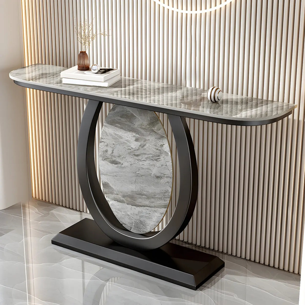 Decorative Half-circle Marble Top Black Base Console Table Image - 5