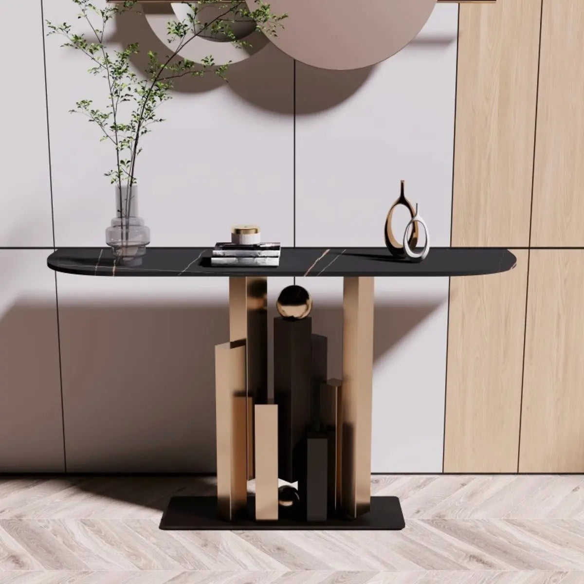 Decorative Half-circle Stone Black Entry Console Table Image - 1