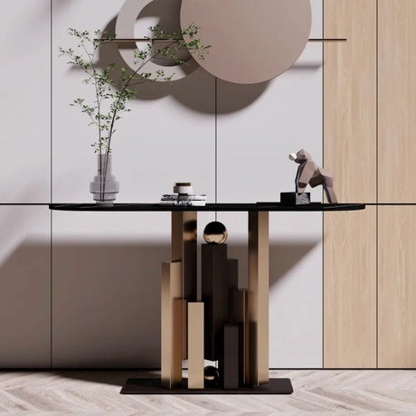 Decorative Half-circle Stone Black Entry Console Table Image - 2