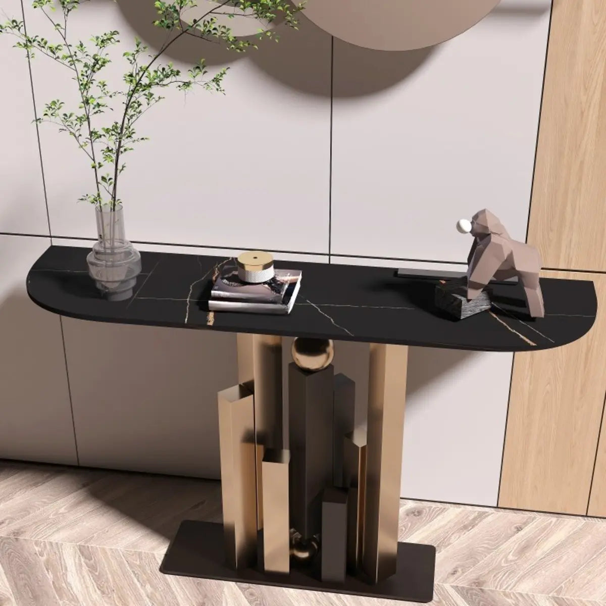 Decorative Half-circle Stone Black Entry Console Table Image - 3