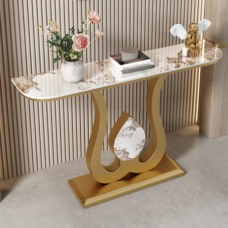 Decorative Half Moon Marble Top Gold Accent Console Table Image - 1