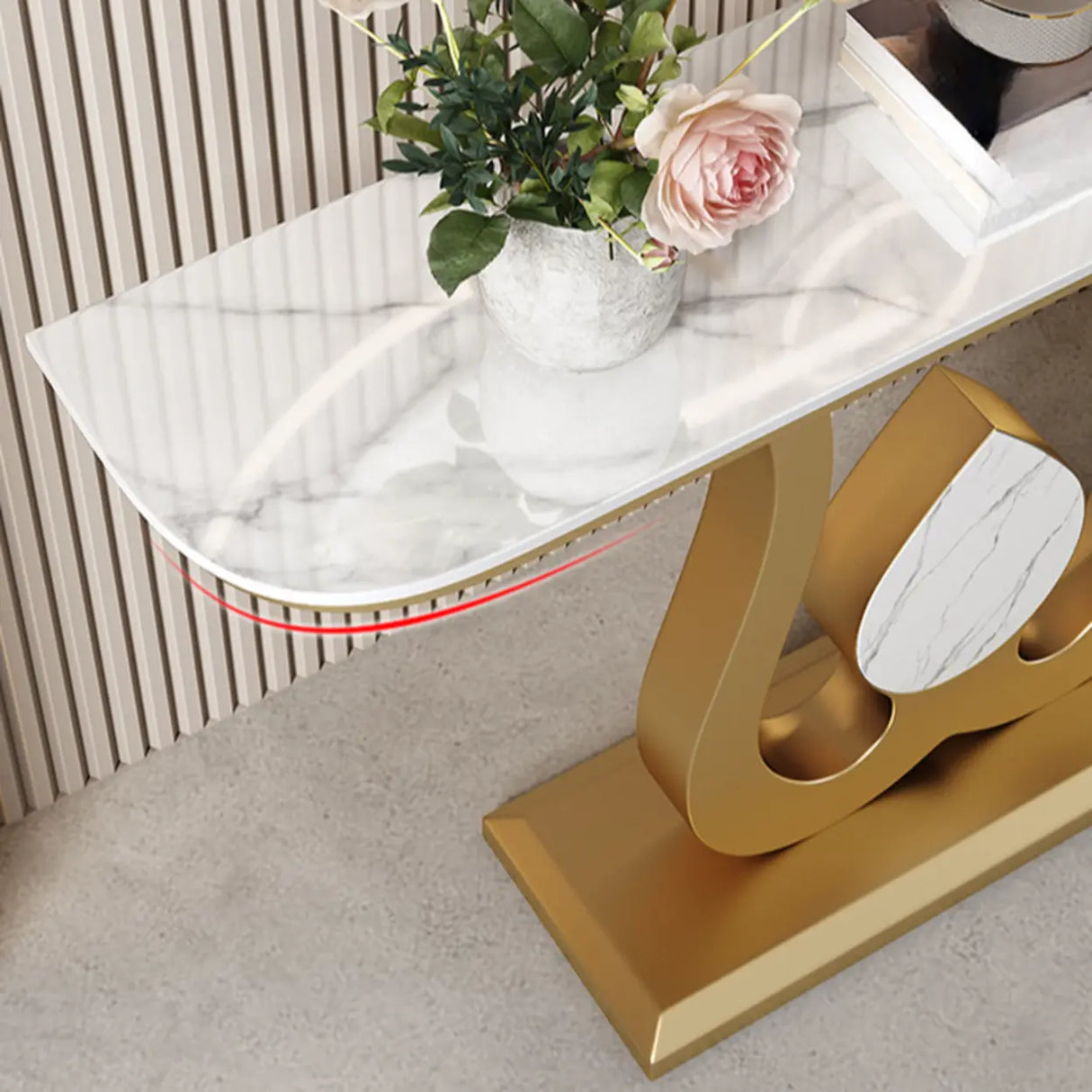Decorative Half Moon Marble Top Gold Accent Console Table Image - 11