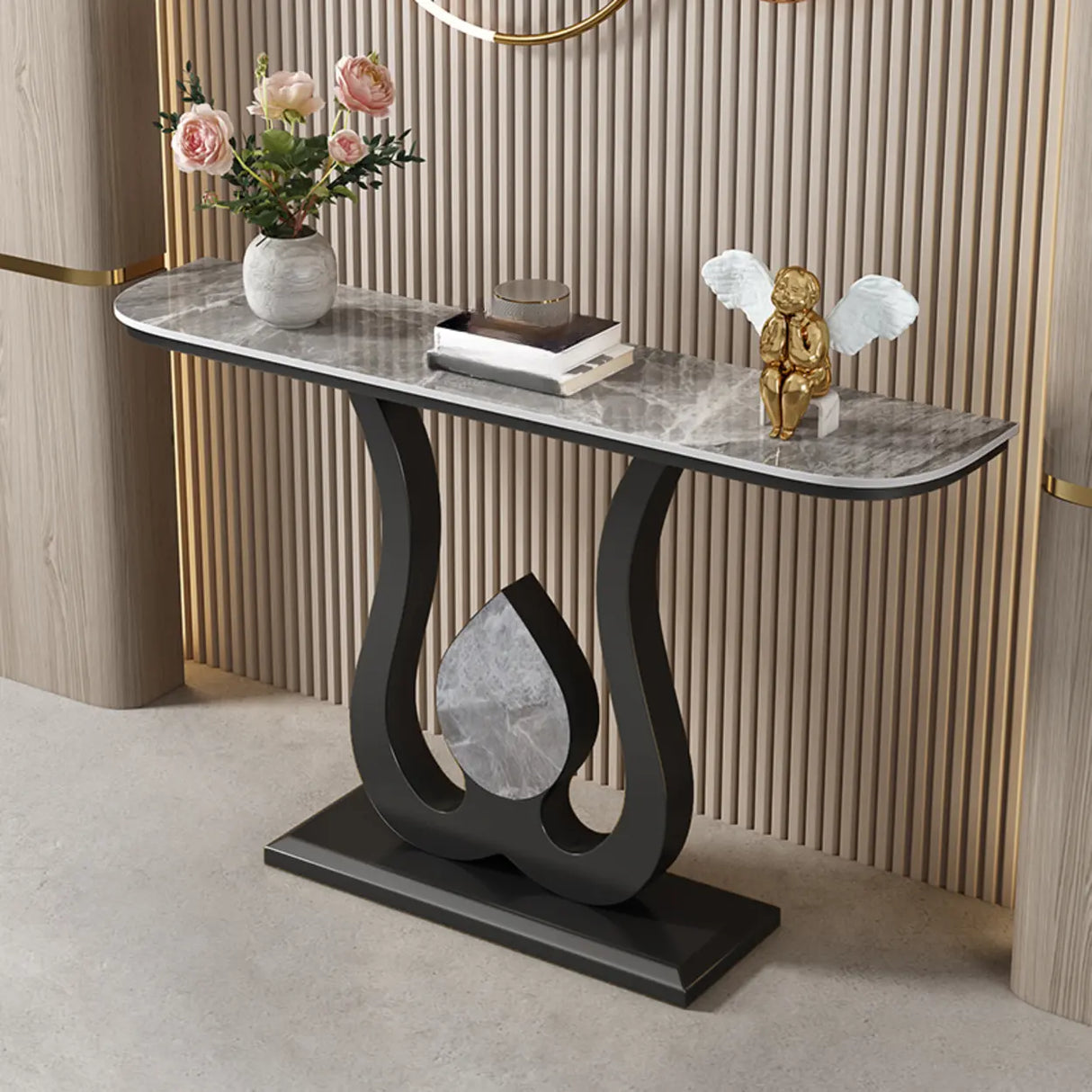 Decorative Half Moon Marble Top Gold Accent Console Table Image - 12