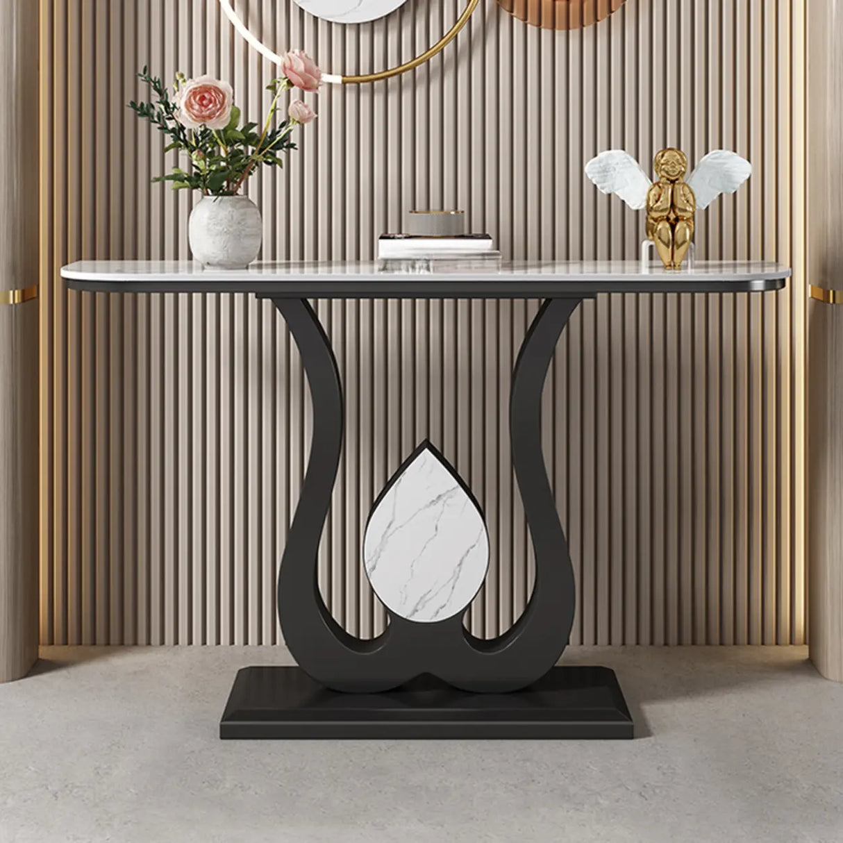 Decorative Half Moon Marble Top Gold Accent Console Table Image - 4