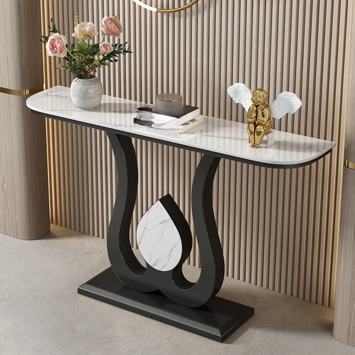 Decorative Half Moon Marble Top Gold Accent Console Table Image - 5